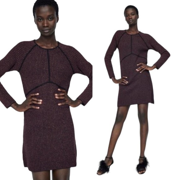Zara Dresses & Skirts - Zara Knit Sheath Dress Metallic Long Sleeves Crew Neck  Black Maroon Gold Medium